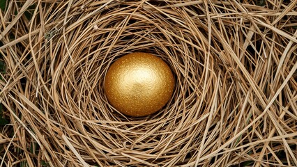 Straw nest holding a golden egg and Easter egg hunt notice