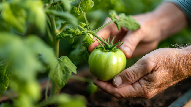 Farmer holding a green tomato on the vine in his garden