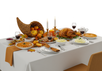 A thanksgiving dinner table is set with turkey and all the fixings isolated on transparent background