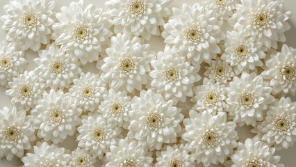 White Chrysanthemum flowers arranged closely together creating a textured floral background emphasizing elegant natural beauty
