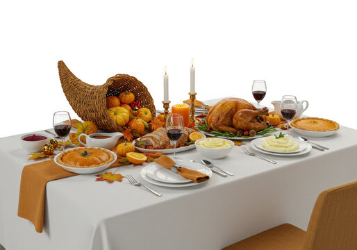 A thanksgiving dinner table is set with turkey and all the fixings isolated on transparent background