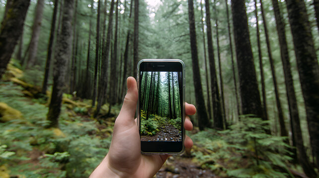 Hiker taking photo of beautiful forest with smartphone