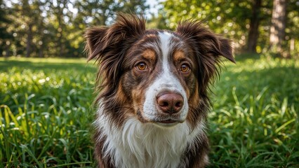 Fototapeta premium Detailed shot of a canine in grassy surroundings. Charming shepherd dog outdoors.