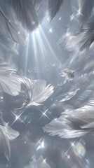 Soft white floating feathers and shimmering light bubbles on pale gray background, dreamy atmosphere with fantasy anime style and detailed textures, close-up top view composition designed