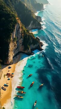 Tropical Boats Floating Near Cliffs and Turquoise Beach in Summer Light