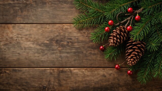 Pine cone and branch arranged on a rustic wooden surface for decoration