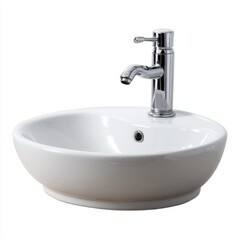 Fototapeta premium Small oval ceramic vessel sink isolated white, no shadow, countertop bathroom fixture, minimalist style