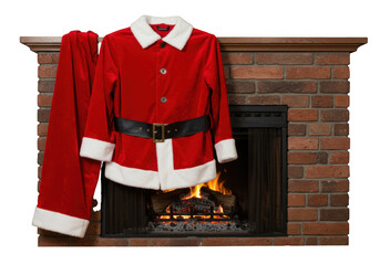 Santa suit hangs near a warm fireplace, isolated on transparent background