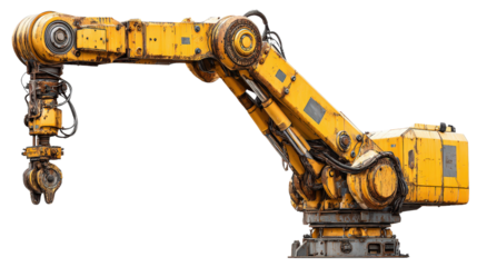 Articulated crane arm with hydraulic joints background isolated on a Transparent background, PNG file.