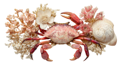 Artistic arrangement of crab with sea elements like shell and coral isolated on a Transparent background, PNG file.