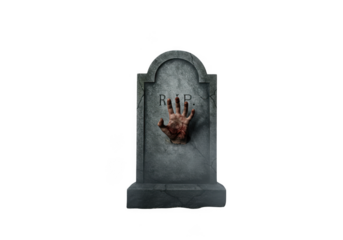 A zombie hand emerges from a tombstone isolated on transparent background