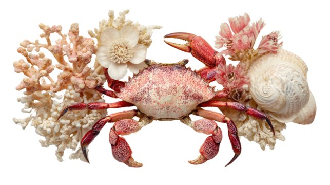 Artistic arrangement of crab with sea elements like shell and coral isolated on a Transparent background, PNG file.