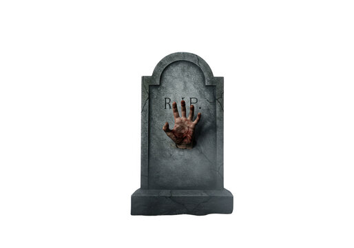 A zombie hand emerges from a tombstone isolated on transparent background