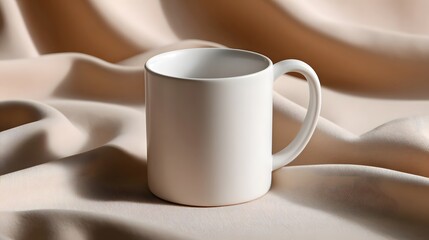 A minimalist white ceramic mug on a soft fabric surface.