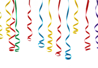 Colorful party streamers hanging down isolated on transparent background