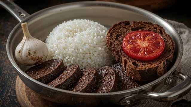 Skillet meal featuring black pudding and rice accompanied by garlic and bread