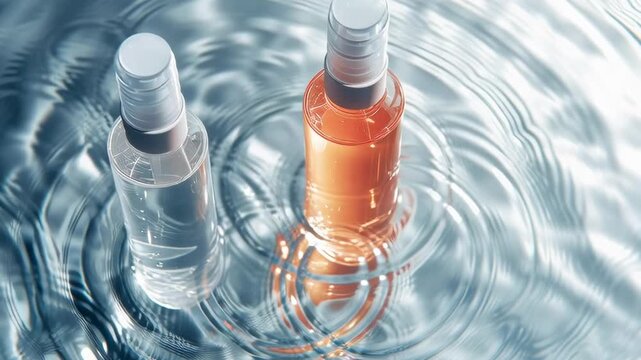 Two bottles of perfume are floating in a pool of water. The bottles are of different colors, one being white and the other being red. Concept of luxury and relaxation