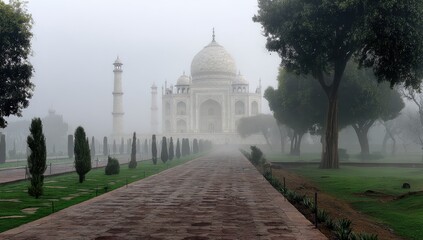 Foggy view of a large mausoleum