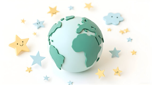 Globe Surrounded by Star and Cloud Shapes on White Background