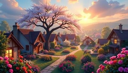 Spring Village Serenity with Blooming Garden Views