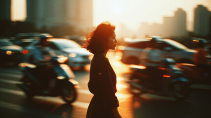 Cinematic urban street scene with woman walking at sunset amid blurred traffic