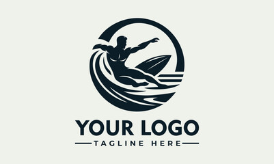 Silhouette of a surfer riding a wave, within a circular logo design.