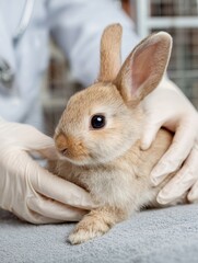 Vet Carefully Examines a Rabbit With Soft Gloves in a Warm, Inviting Clinic Environment Highlighting Animal Care