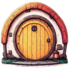 Hobbit-style round door with wooden frame and lantern in grass  