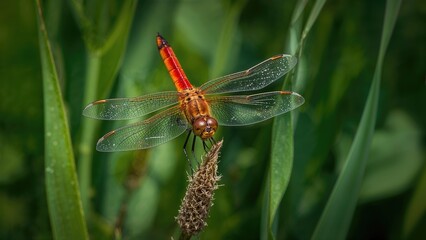 Crimson darter spotted in a lush arboretum