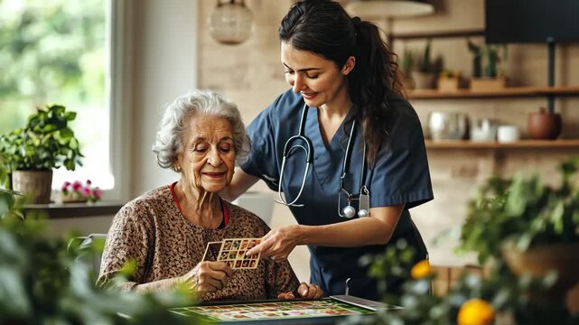 Generative AI. Caregiver assisting elderly woman with puzzle in a cozy indoor setting, surrounded by plants and warm lighting, showcasing compassion and connection in healthcare
