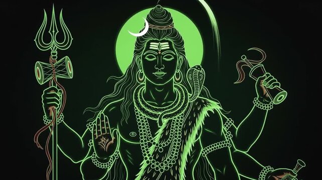 Lord Shiva wallpaper - Divine Hindu God Illustration with Green Neon Glow and Traditional Attributes on Black Background, Spiritual Art and Mythology Concept