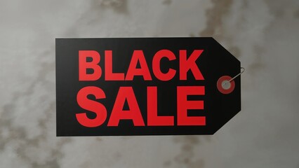 Black Friday sale promotional tag featuring bold red lettering on a black background emphasizing shopping discounts and savings.