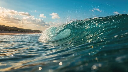 Massive waves splashing in the bright sunrise