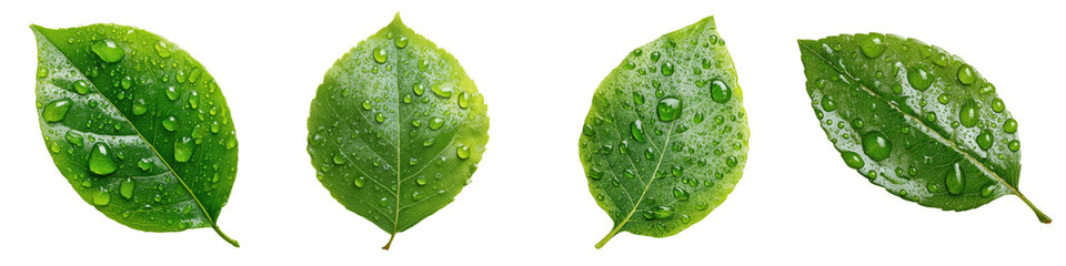 "Green Leaves and Water Droplets: A close-up of vibrant green leaves adorned with glistening water droplets, a serene scene of freshness, ideal for evoking tranquility.