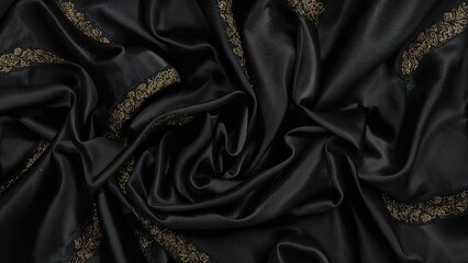 Close-up image of dark fabric adorned with golden borders, abstract layered drapery and ruffled textile waves, flowing fashion background