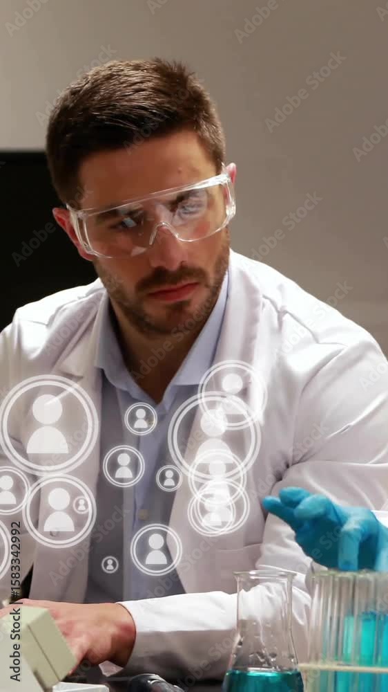 Poster working with computer and test tubes, scientists in lab coats analyzing data animation