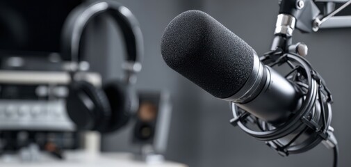 The microphone and headphones set up for professional audio recording sessions.