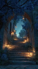 A mystical stone staircase lit by warm lanterns, surrounded by lush purple foliage under a serene twilight sky.