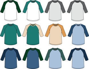 Boys raglan 3/4 sleeve t-shirt front view vector flat sketch, kidswear fashion template, color variation design mockup for apparel