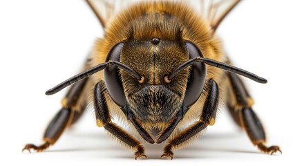Closeup Detailed Honeybee Front View on White Background with Sharp Focus and Warm Colors