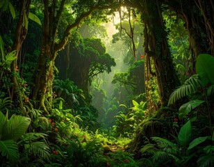 Fototapeta premium Lush green tropical jungle in Southeast Asia during August, filled with dense vegetation, misty atmosphere, and rich biodiversity — ideal for travel, nature, or environmental themes