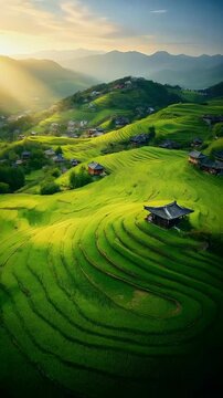 Sunrise Over Lush Green Rice Terraces in Mountain Village Landscape