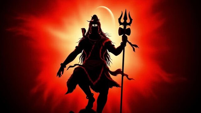 Lord Shiva wallpaper - Powerful Divine Silhouette with Trident and Crescent Moon Against Fiery Red Aura Background