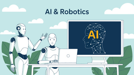 ai and robotics illustration featuring humanoid robots interacting with digital interface and circuit brain design, ideal for tech innovation themes