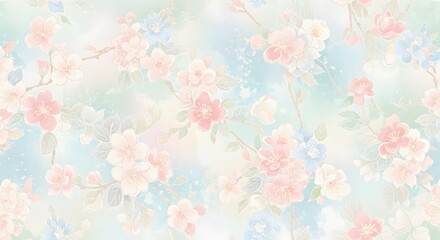 Soft Pastel Japanese Blossom Pattern with Watercolor Background