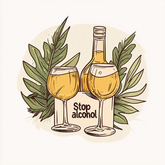 Alcohol consumption awareness illustration with bottle and glasses -  Stop alcohol