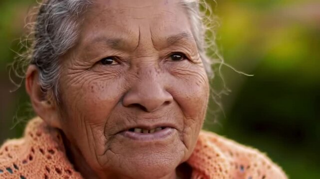 Portrait of an elderly woman with wrinkles, smiling softly, looking directly at the viewer.