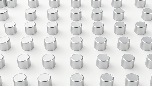 A sleek high tech composition featuring a repeating objects made of silver on the white surface