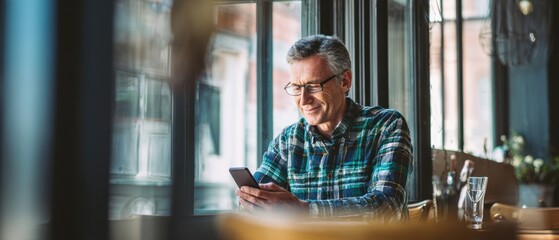 The man enjoying a moment while using his smartphone in a cozy café.