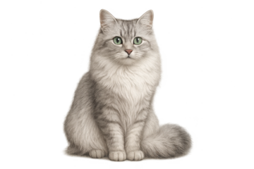 Elegant grey fluffy cat with green eyes, isolated on a transparent background.